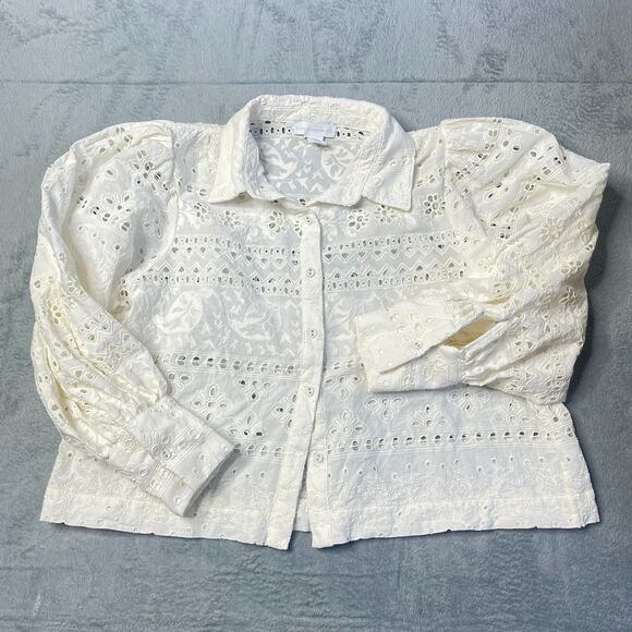 House of Harlow 1960 White Eyelet Lace Blouse Womens M Boho Romantic Puff Sleeve - Picture 1 of 14